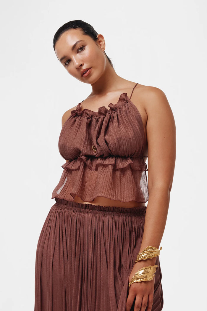 BROWN STRING SILK TOP